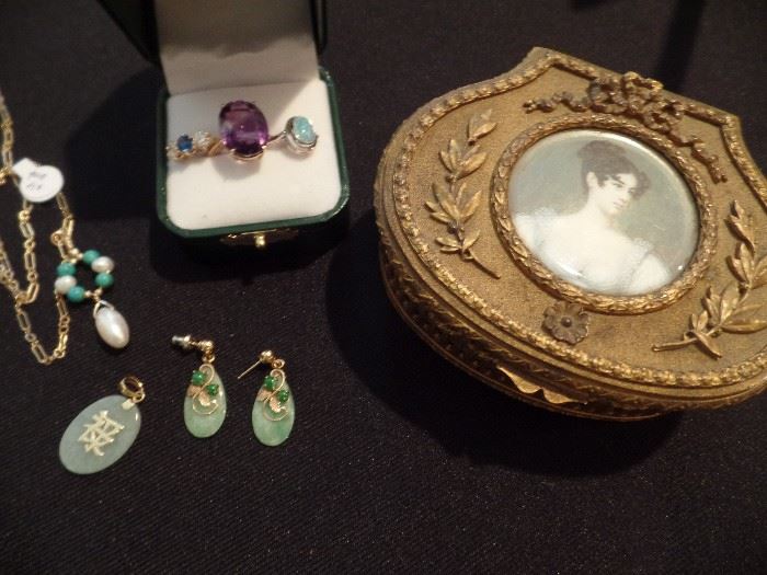 Gold and Jade etc.  Antique box with miniature and mother of pearl