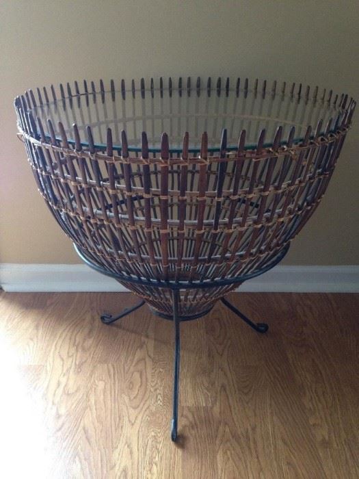 Mid Century Franco Albini Style Bamboo Rattan Wicker Glass and Iron Basket Table