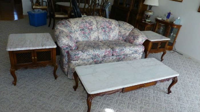very nice loveseat and marble top tables