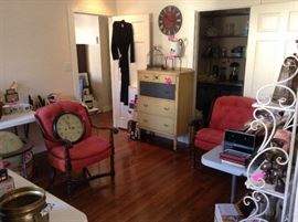 Pair of antique chairs, antique dresser, wall clocks