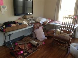 Lots of decorative pillows, rugs, brand new blinds, two antique high back chairs