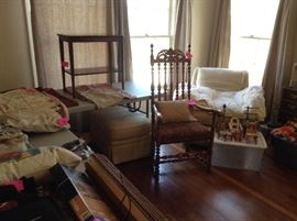 Mahogany nightstand, 2 antique high back chairs.  