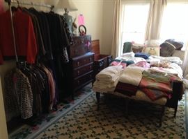 Lots of linens, 2- Lane cedar chests, name brand clothes, Mahogany bedroom set 
