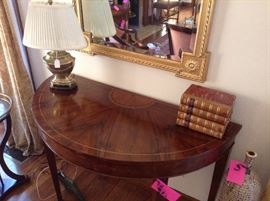 Frederick Cooper desk lamp, Italian Demilune table, antique beveled mirror, English Literature "Taine"