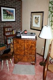 Gorgeous burl wood TV / storage cabinet, brass floor lamp