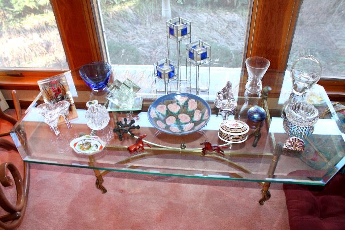 Heavy glass-top brass coffee table (most of the items on top have sold, but some still available)