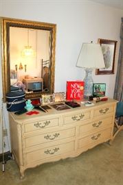 Kindel French Provincial dresser (we have more matching pieces), mirror, Asian lamp