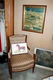Nice upholstered armchair and framed prints