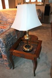 Wood end table and brass lamp