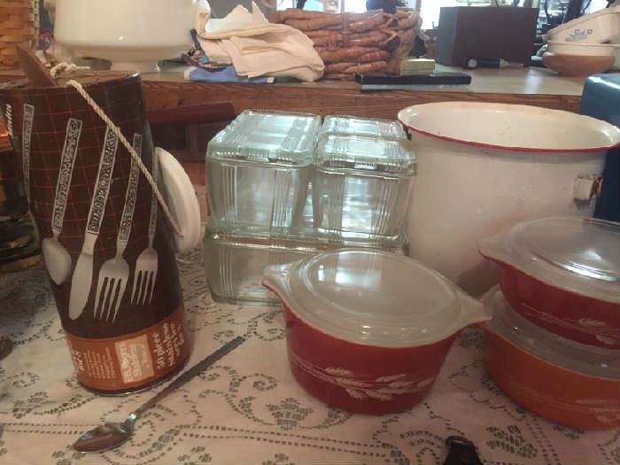 vintage kitchenware including 1970's flatware set still in the box and lots of Pyrex and refrigerator boxes