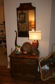 Oak washstand, 1954 Mexico lamp, vintage mirror