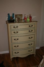 French country chest, 3 Royal Doulton girls, pair of retro Foo dogs on carved wood stands