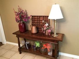 Table (SOLD), Lamp, Vases, Floral Arrangements