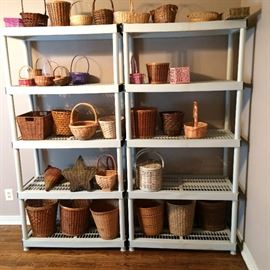 Baskets of various shapes and sizes, shelving units