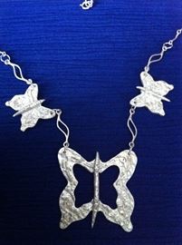 One-of-a-kind fine silver three butterflies pendant with sterling accents designed and created by seller. Other fine silver pendants and earrings will be included in this sale.