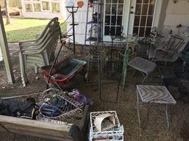 Garden bench, lawn chairs, yard art, planter tables