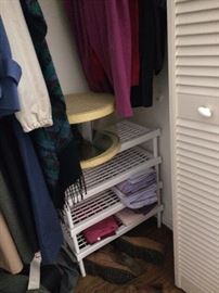 Shoe rack, ladies' clothing, men's shoes, bed linens, vintage hat