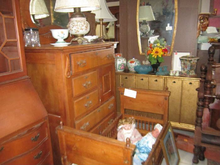 Antique dresser/ Spanish antique cradle/ hall table w/matching credenza. Slant front desks