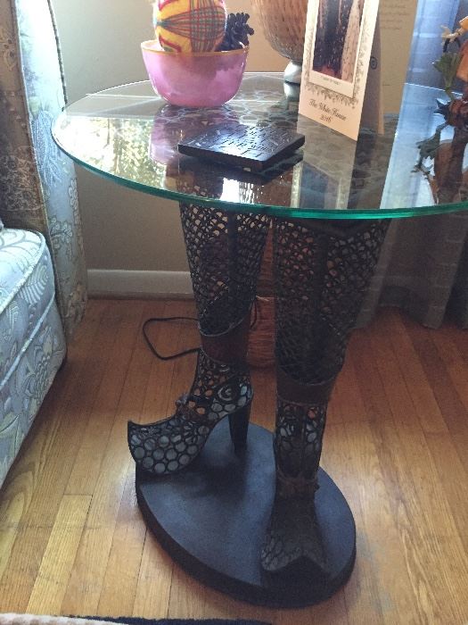 Unique glass top "boot leg" table