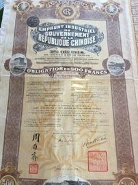 1914 Government of the Republic of China 500 Franc Bonds Uncancelled