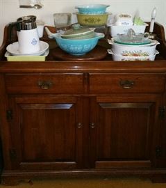 Pyrex and Corning (more in storage) on a Solid Maple Dry Sink