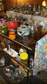 Fondue Pots and accessories, mid-century modern dishes, glassware, fabric, etc.
