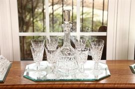 Waterford decanter and wines.