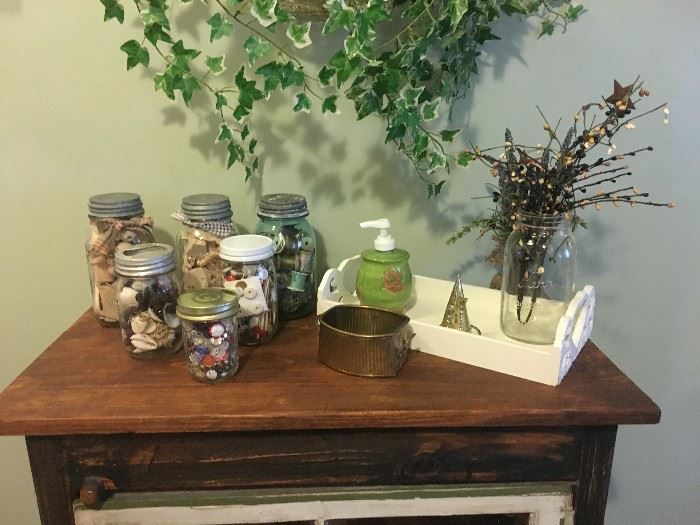 glass Ball jars with buttons, thread and misc