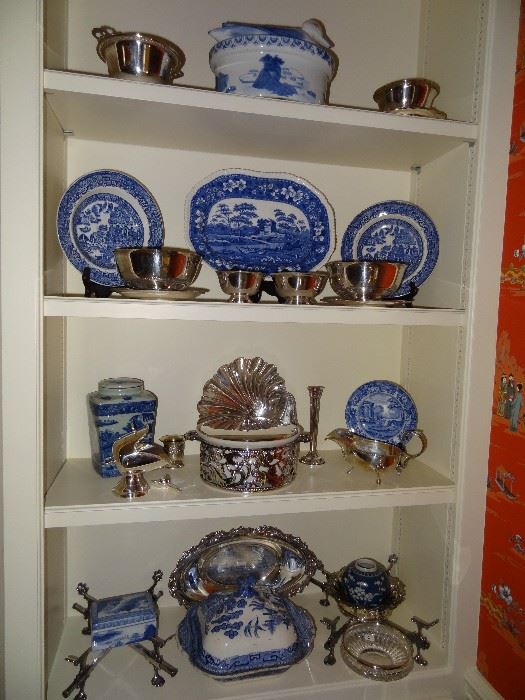 Blue Willow Dishes and Silver Plate Serving Pieces
