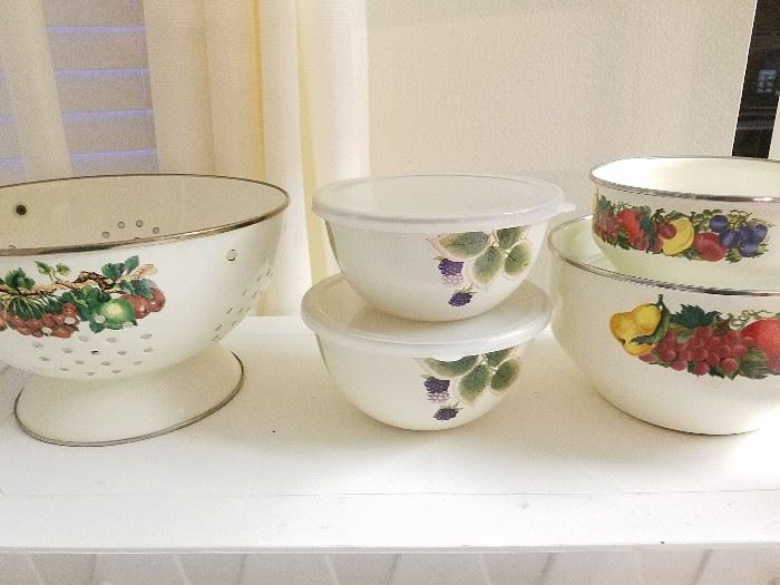 vintage enamel strainer and enamel bowls