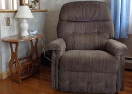 Rocker recliner- end table with built in magazine rack and table lamp