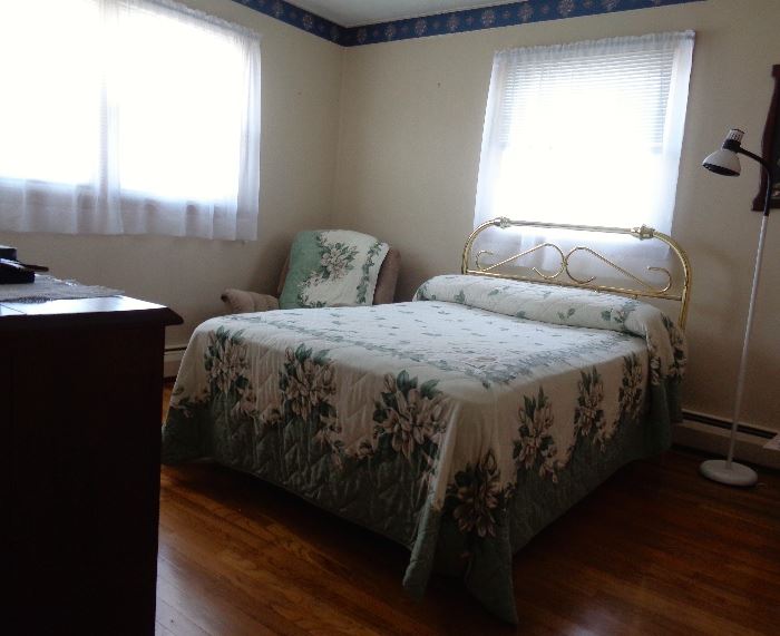 Bedroom #2 Full Size Brass Bed- Floor Lamp- Rocker Recliner- Solid Wood Dresser