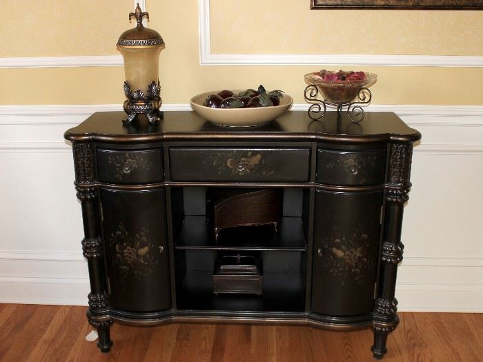 Black with fruit motif cabinet sideboard - 15"D x 35-1/2"H x 48"W