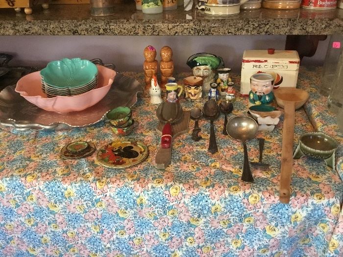 1930s-1940s children's tin tea set, Vintage tiki salt and pepper shakers, recipe box, silver plate Spoons, 