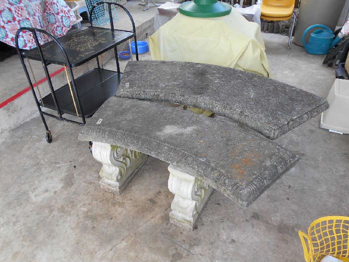 Vintage fold-up table, cement benches, etc.