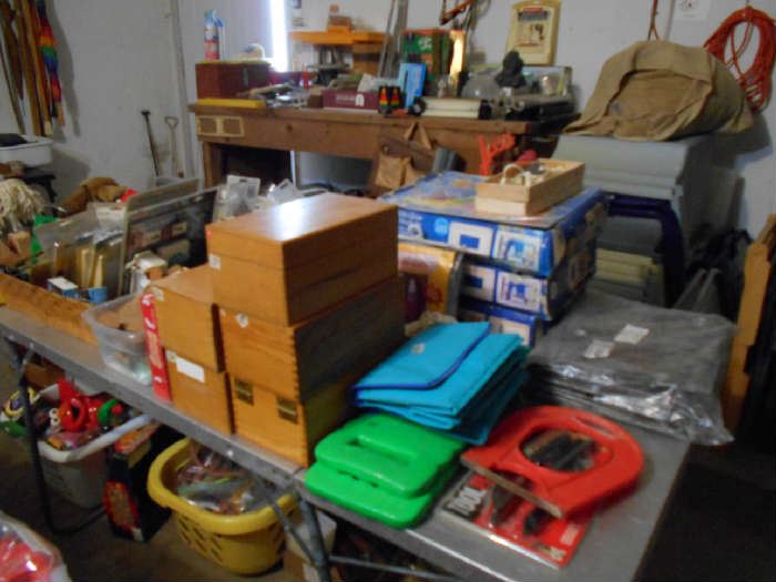 garage items, wooden file drawers, etc.