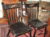 An antique set of 6 black painted early chairs