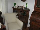 Nice Small Chair perfect for a Lady to use in a Bedroom or Living Area. Victorian Oak Bookcase full of glassware and other treasures!!