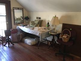 linens, marble top plant stand, Aladdin oil lamp