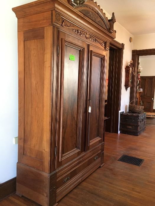 antique high end walnut and burl wood chifferobe/armoire