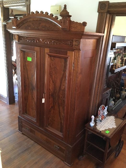 antique high end walnut and burl wood chifferobe/armoire