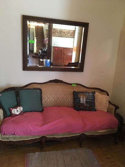 vintage sofa, as found, antique mirror