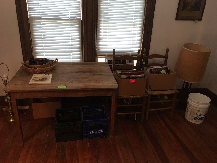 Primitive table, ladderbsck chairs, albums
