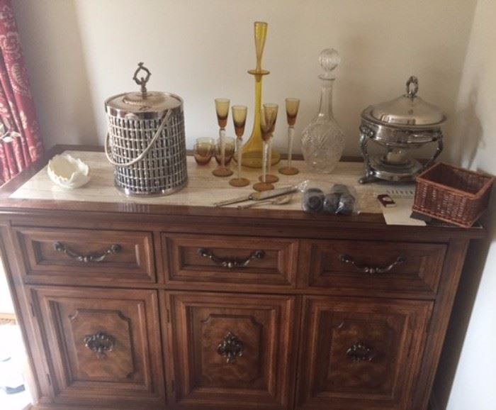 Buffet with vintage cocktail ware.