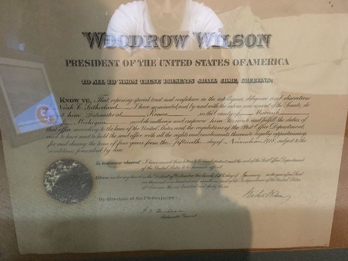 This is an extremely rare find -- an authentic President Woodrow Wilson-signed appointment document from Romeo, MI.  The date on the document is the early 1900's.  This item would retail at over $2,000 in a retail setting.  Priced to sell!