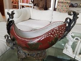 Castilian porcelain centerpiece with brass swan base, high end decor