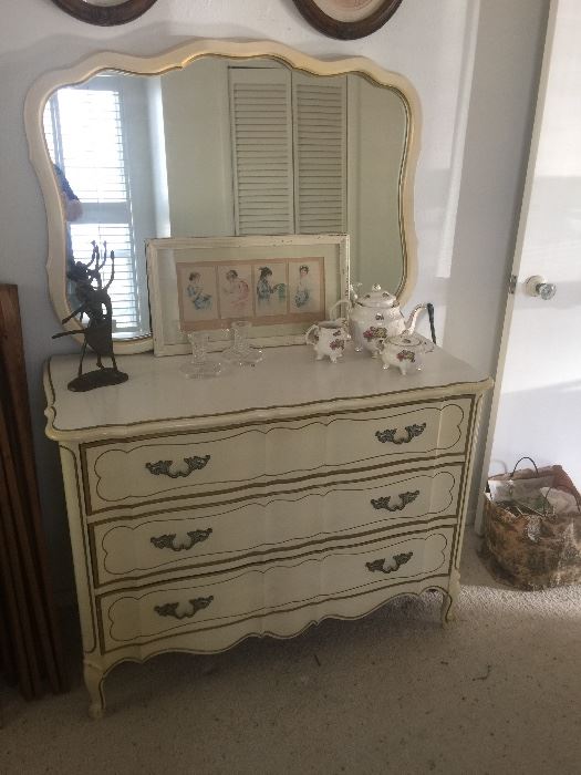 French Provincial 3 drawer chest with mirror and matching twin bed set
