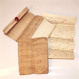 Antique Early 1800s Depositions and Recordings: Three antique early 1800s depositions and recordings documents includes a 12 page stitch bound recording book with entry dates ranging from 1817 to 1826 for the last entry, a folded legal document dated 1846 from Harrodsburg Kentucky, and a multiple page legal document with the remnants of a red wax seal that contains notes and depositions.