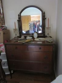 Depression era mirrored chest has chrystal candlesticks, Nippon dresser set, and all are in good condition. 