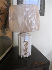 One of pair ceramic bamboo decorated lamps with new shades and finials!